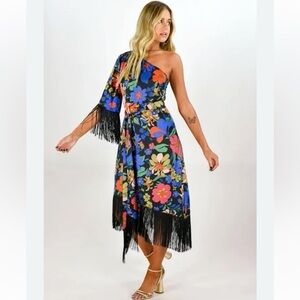 NWT floral one shoulder fringe midi western dress with fringe belt